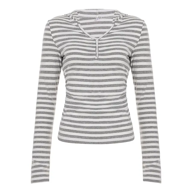 Retro Contrast Color Stripe Knitted T shirt Women's New Top Grey - Shop at LoveMi