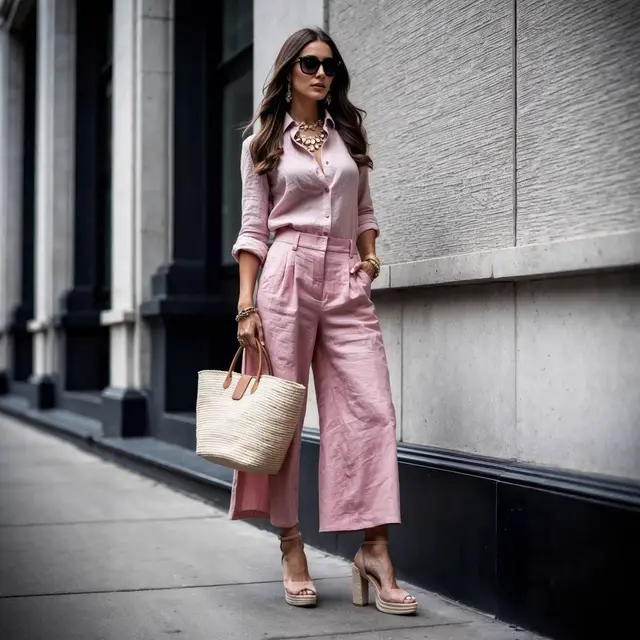 Women's Fashion Minimalist Long Sleeve Top Loose Wide Leg Pants Suit Pink - Shop at LoveMi