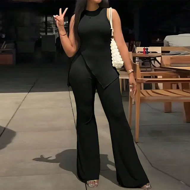 Plus Size Women's Fashion Sleeveless Top Wide leg Casual Pants Two piece Set Black - Shop at LoveMi