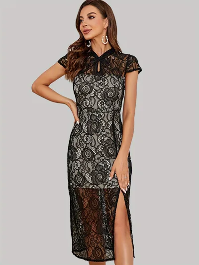 Slim fit Slimming Mid length Slit Lace Sheath Dress Black - Shop at LoveMi