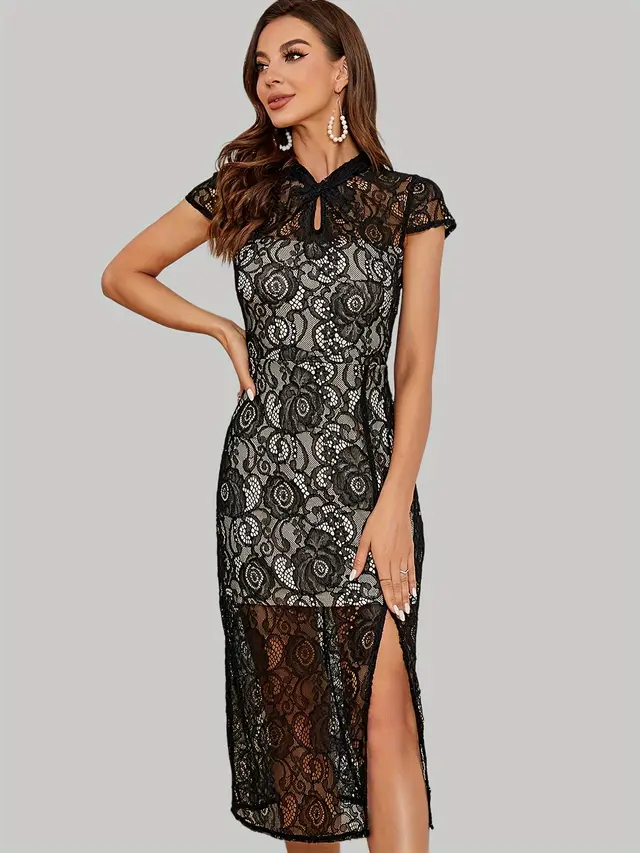 Slim fit Slimming Mid length Slit Lace Sheath Dress Black - Shop at LoveMi