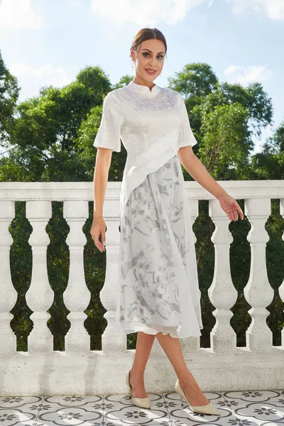 National Style Jacquard Retro Slimming New Stand Collar Fashion Dress Tan - Shop at LoveMi