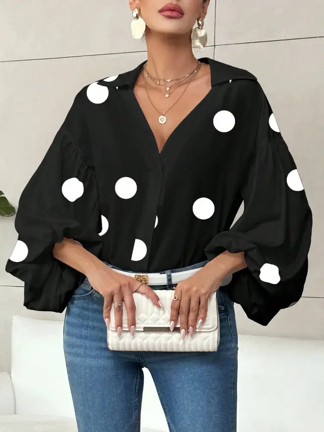 Niche Fashionable French Polka Dot Half open Collar Design Loose Bubble Long Sleeve Top Black Polka Dot - Shop at LoveMi