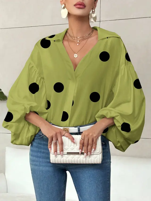 Niche Fashionable French Polka Dot Half open Collar Design Loose Bubble Long Sleeve Top Matcha Green Wave Point - Shop at LoveMi