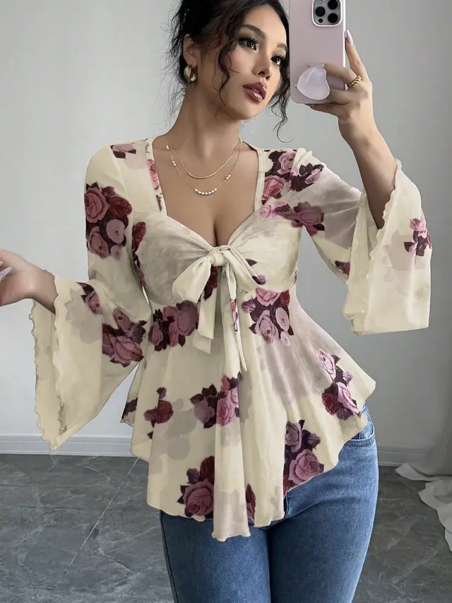 European And American Design Sense French Sweet Flower Blooming Lace up Square Collar Long Sleeve Shirt Apricot - Shop at LoveMi