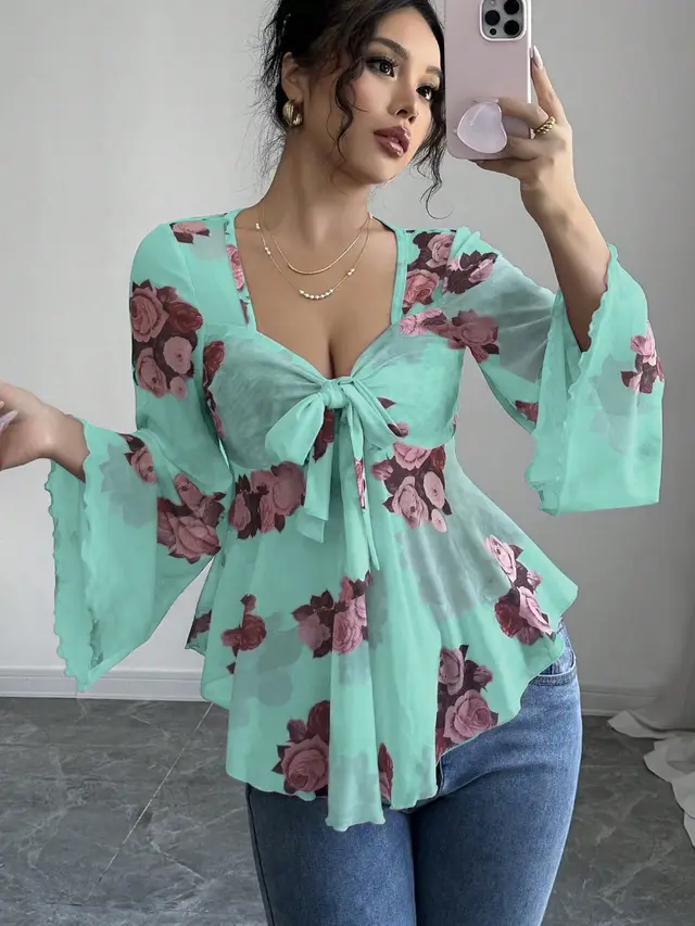 European And American Design Sense French Sweet Flower Blooming Lace up Square Collar Long Sleeve Shirt Cyan - Shop at LoveMi