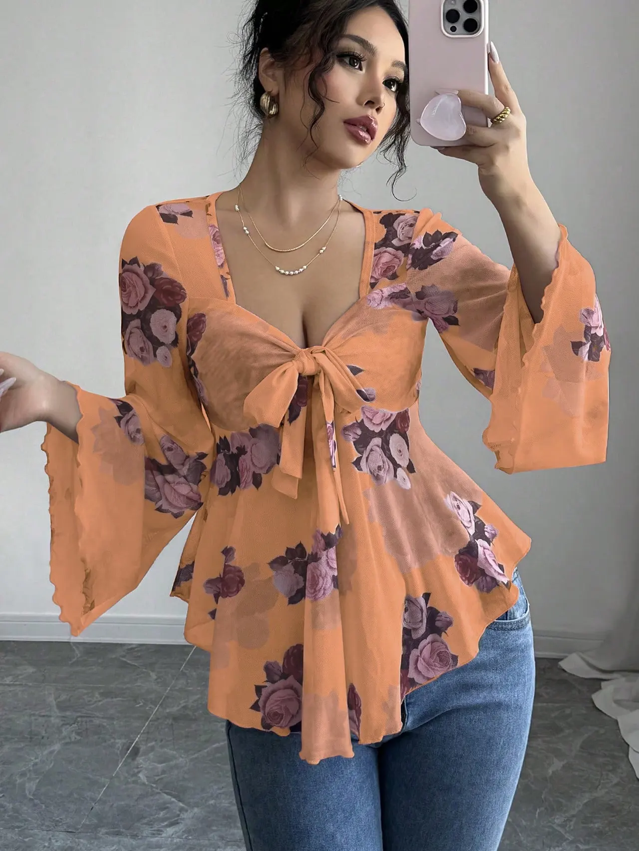 European And American Design Sense French Sweet Flower Blooming Lace-up Square Collar Long Sleeve Shirt - Orange Red