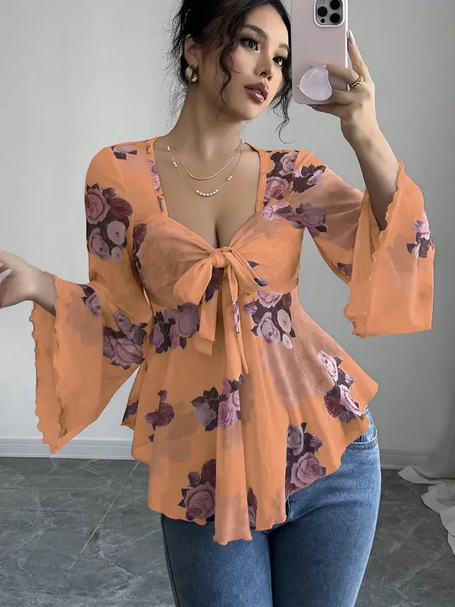 European And American Design Sense French Sweet Flower Blooming Lace up Square Collar Long Sleeve Shirt Orange Red - Shop at LoveMi