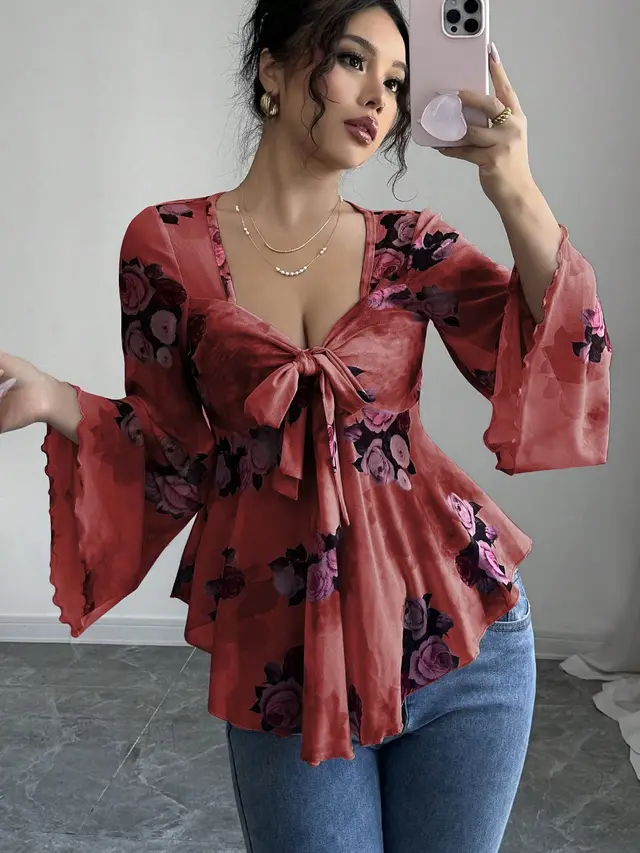 European And American Design Sense French Sweet Flower Blooming Lace up Square Collar Long Sleeve Shirt Red - Shop at LoveMi