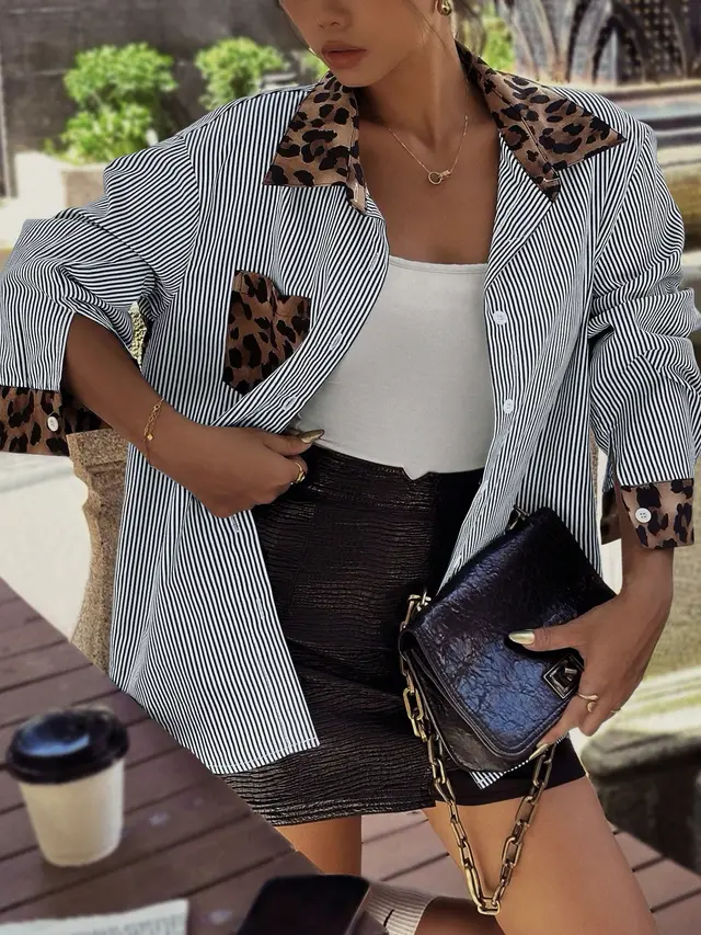 INS Leopard Striped Patchwork Shirt Fashion Casual Long sleeved Button Lapel Top Women's Clothing Black And White Stripes - Shop at LoveMi