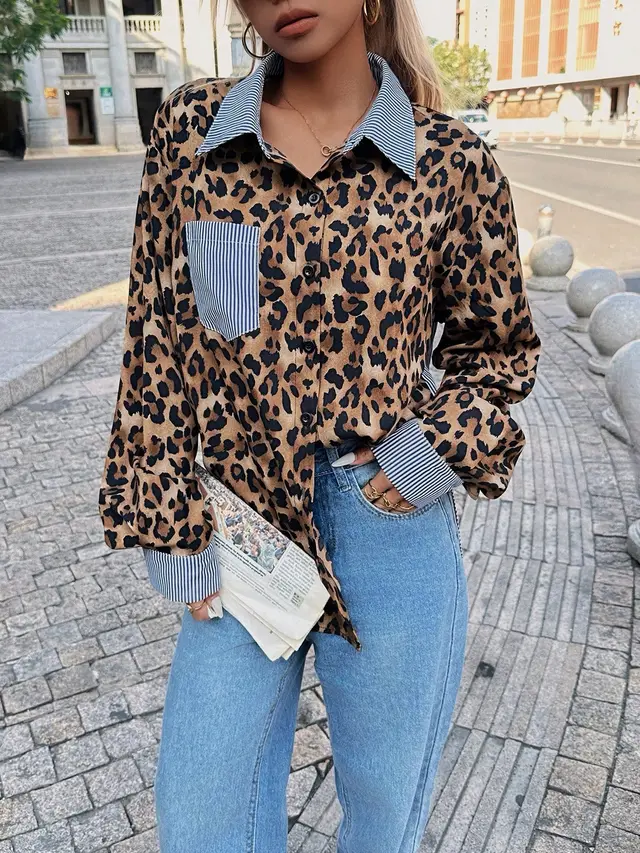 INS Leopard Striped Patchwork Shirt Fashion Casual Long sleeved Button Lapel Top Women's Clothing Blue Leopard Print - Shop at LoveMi