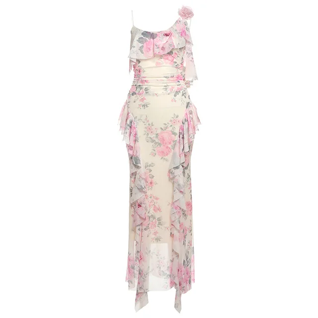 Fashion Sweet Printed Sleeveless Sling High Waist Slim Fit Dress Pink - Shop at LoveMi
