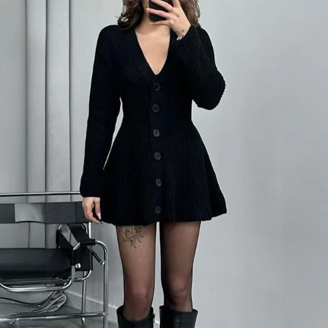 Casual Long Sleeve Dress Sweater Wool Black - Shop at LoveMi