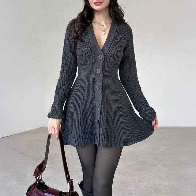 Casual Long Sleeve Dress Sweater Wool Gray - Shop at LoveMi