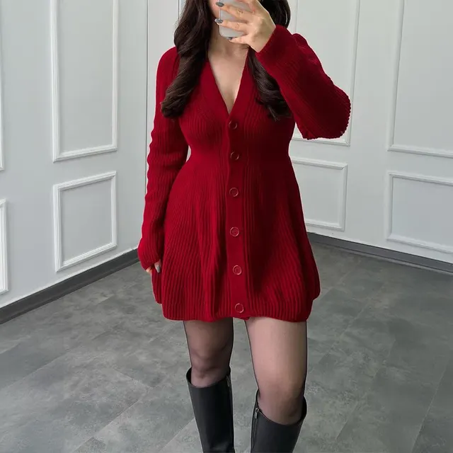 Casual Long Sleeve Dress Sweater Wool Red - Shop at LoveMi