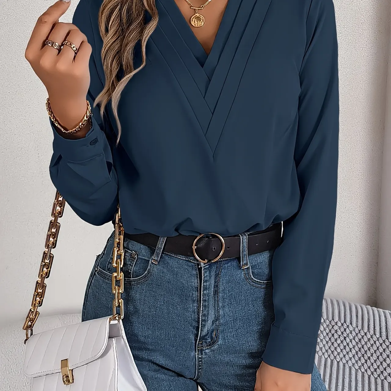 Layered V-neck Long Sleeve Shirt Women's Clothing - Navy Blue