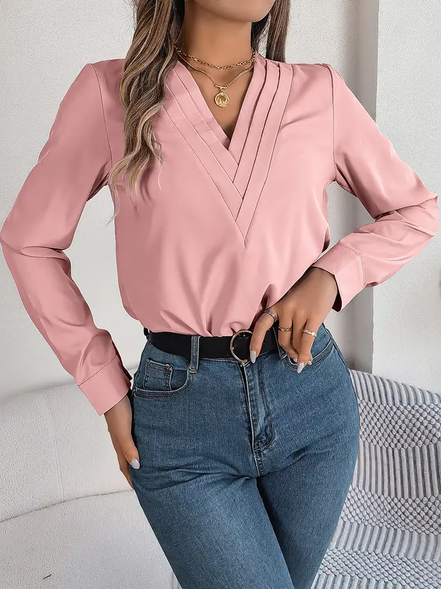 Layered V neck Long Sleeve Shirt Women's Clothing Pink - Shop at LoveMi