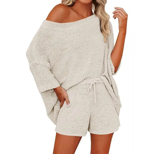 Women's Outfits Sweater Sets Off Shoulder Knit Top Beige - Shop at LoveMi