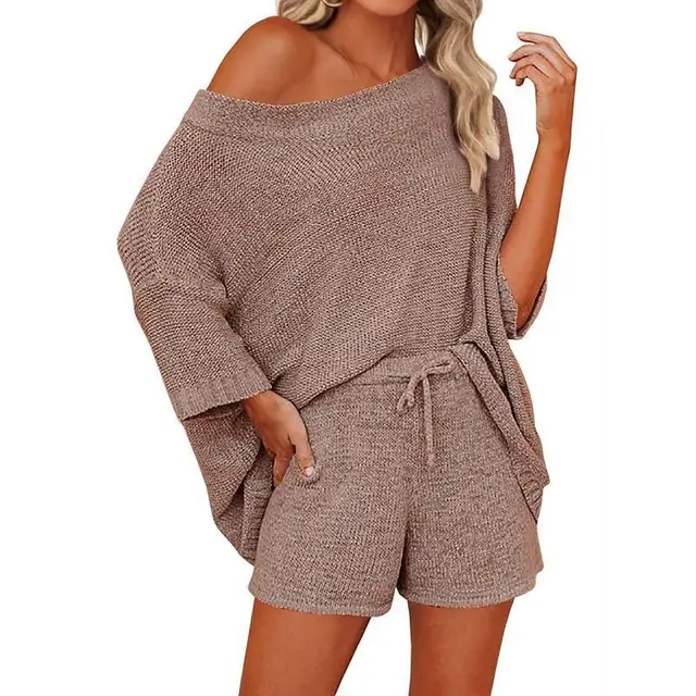 Women's Outfits Sweater Sets Off Shoulder Knit Top Coffee - Shop at LoveMi
