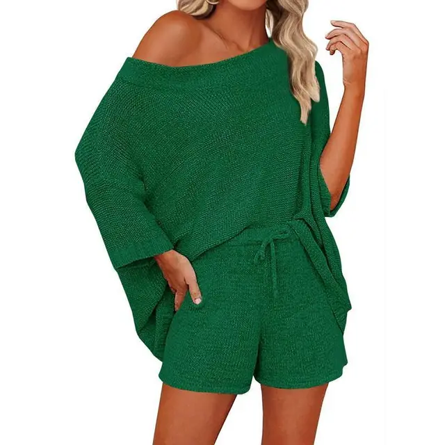 Women's Outfits Sweater Sets Off Shoulder Knit Top Darkgreen - Shop at LoveMi