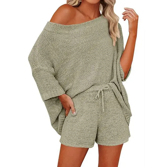 Women's Outfits Sweater Sets Off Shoulder Knit Top Green - Shop at LoveMi