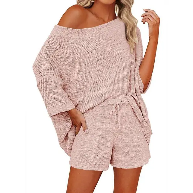 Women's Outfits Sweater Sets Off Shoulder Knit Top Lightpink - Shop at LoveMi