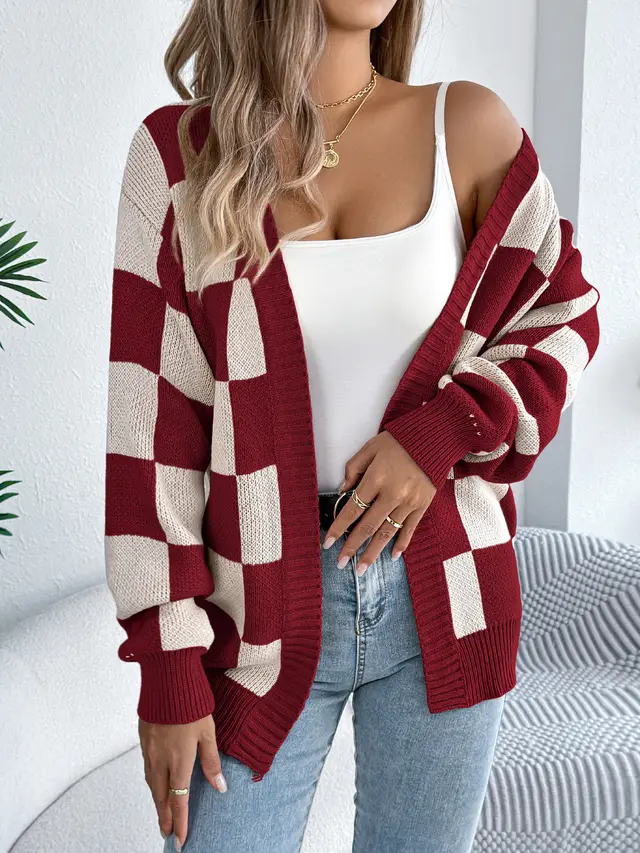 Lantern Sleeve Cardigan Sweater Mid length Coat Wine Red - Shop at LoveMi
