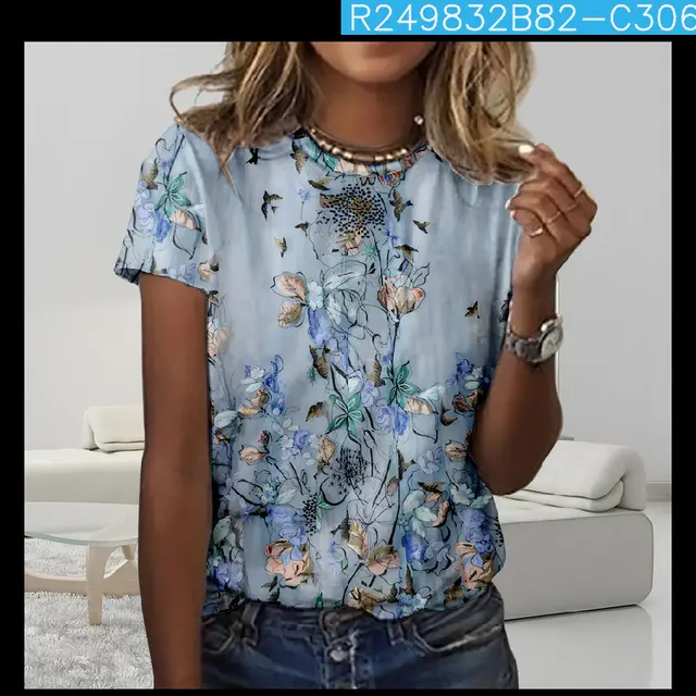 Digital Printing Loose Casual Women's Round Neck T shirt Blue White Line C306 - Shop at LoveMi