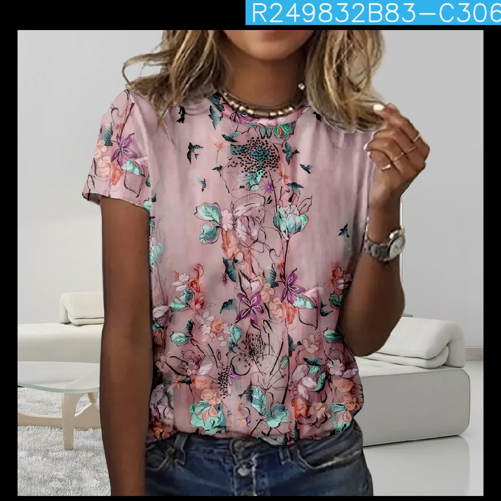 Digital Printing Loose Casual Women's Round Neck T shirt Pink White Line C306 - Shop at LoveMi