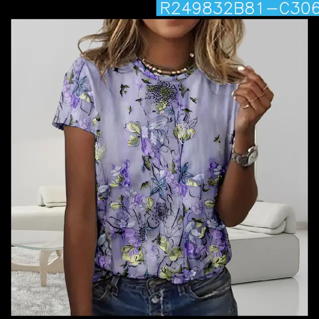 Digital Printing Loose Casual Women's Round Neck T shirt Purple White Line C306 - Shop at LoveMi