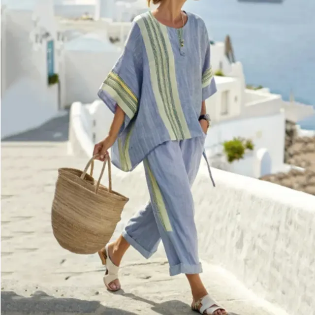 Women's Striped T Shirt And Pants Two Piece Set Blue - Shop at LoveMi