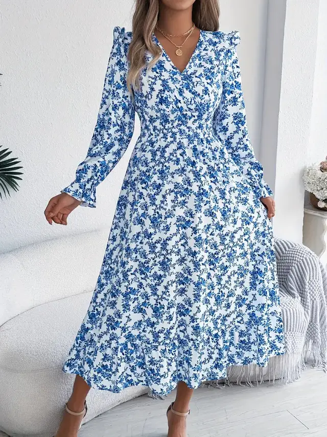 Elegant Floral Cross V neck Waist Trimming Ruffles Long Dress Blue - Shop at LoveMi