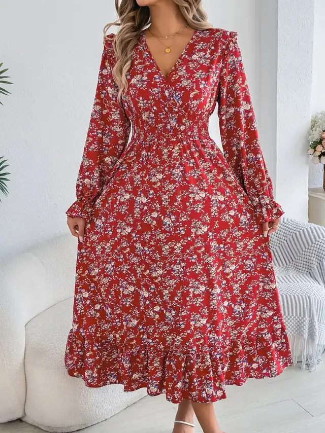 Elegant Floral Cross V neck Waist Trimming Ruffles Long Dress Red - Shop at LoveMi