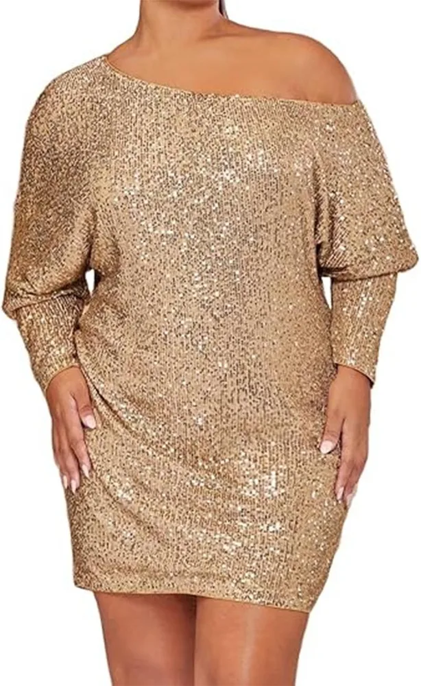 Spring Short Sleeve Loose Pullover Sequined Shirt Dress Off shoulder Long Dress Gold - Shop at LoveMi