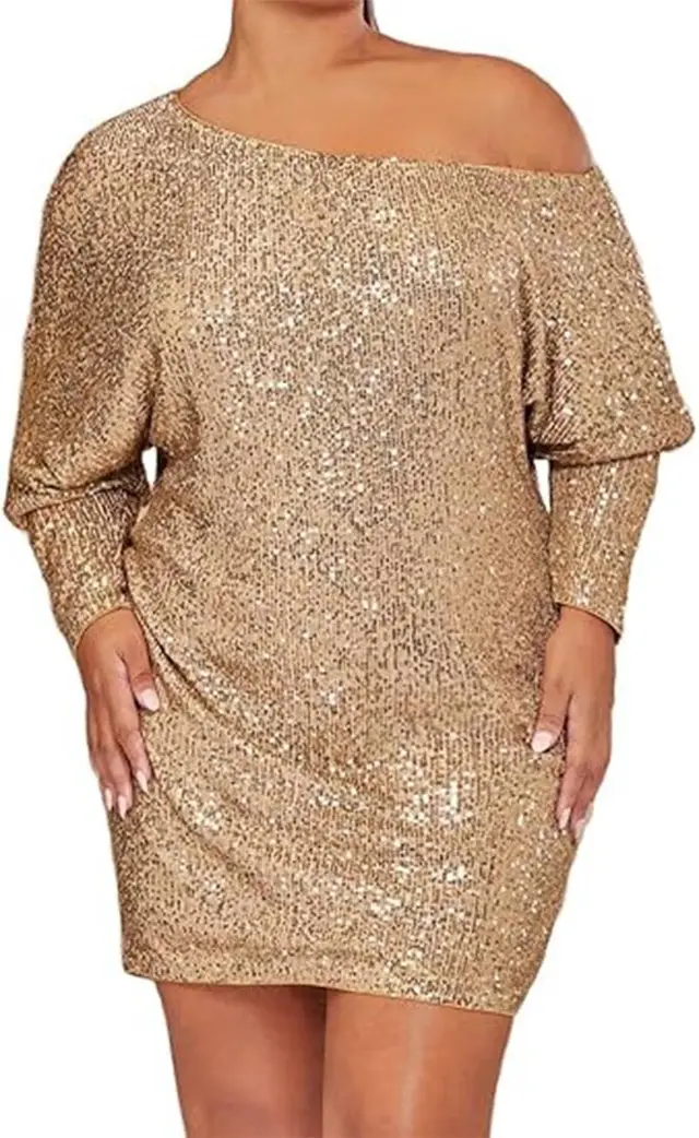 Spring Short Sleeve Loose Pullover Sequined Shirt Dress Off shoulder Long Dress Gold Yellow - Shop at LoveMi