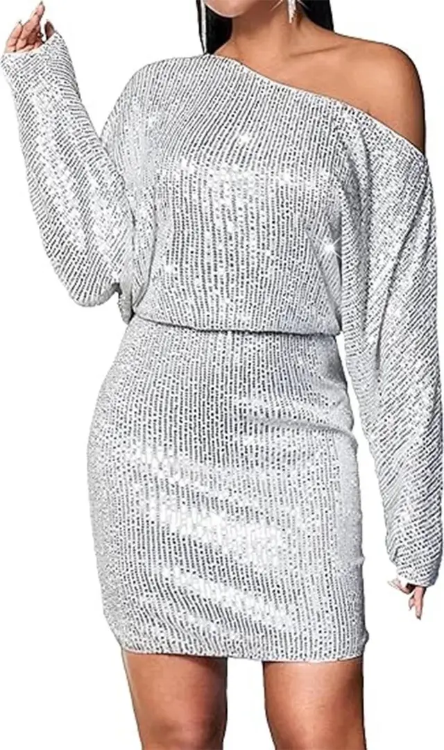 Spring Short Sleeve Loose Pullover Sequined Shirt Dress Off shoulder Long Dress Silver - Shop at LoveMi