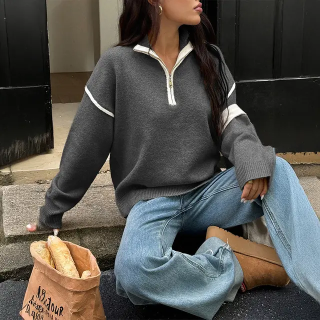 Simple Solid Color Long Sleeve Zipper Sweaters Women's Clothing Dark Gray - Shop at LoveMi