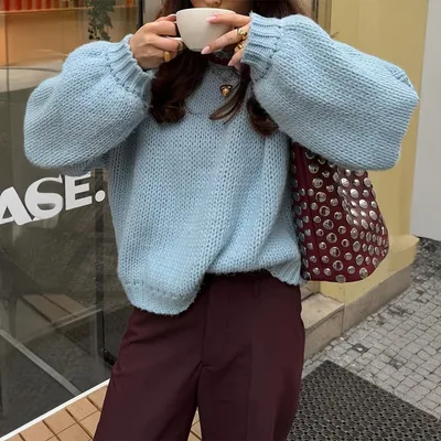 Simple Round Neck Long Sleeve Lining Sweaters Women's Clothing Light Blue - Shop at LoveMi