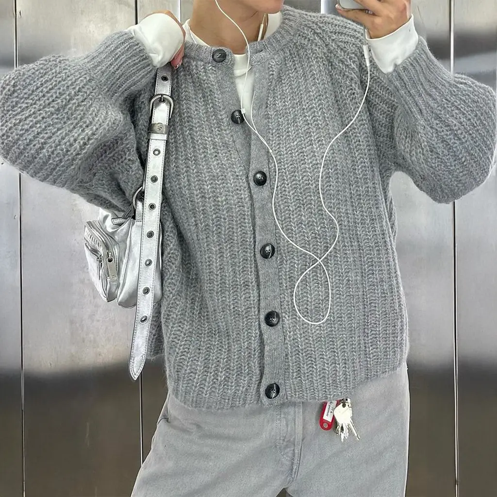 Minimalist Long Sleeve Button Shirt Sweater Women's Clothing - Gray