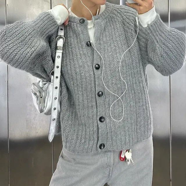 Minimalist Long Sleeve Button Shirt Sweater Women's Clothing Gray - Shop at LoveMi