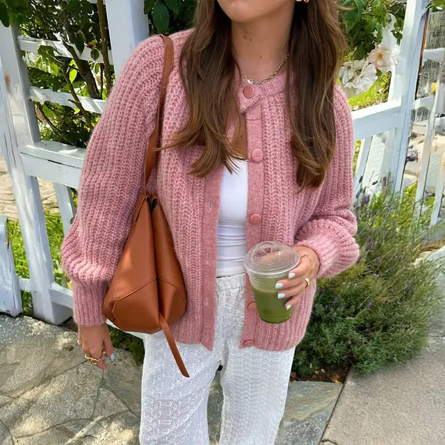 Minimalist Long Sleeve Button Shirt Sweater Women's Clothing Pink - Shop at LoveMi