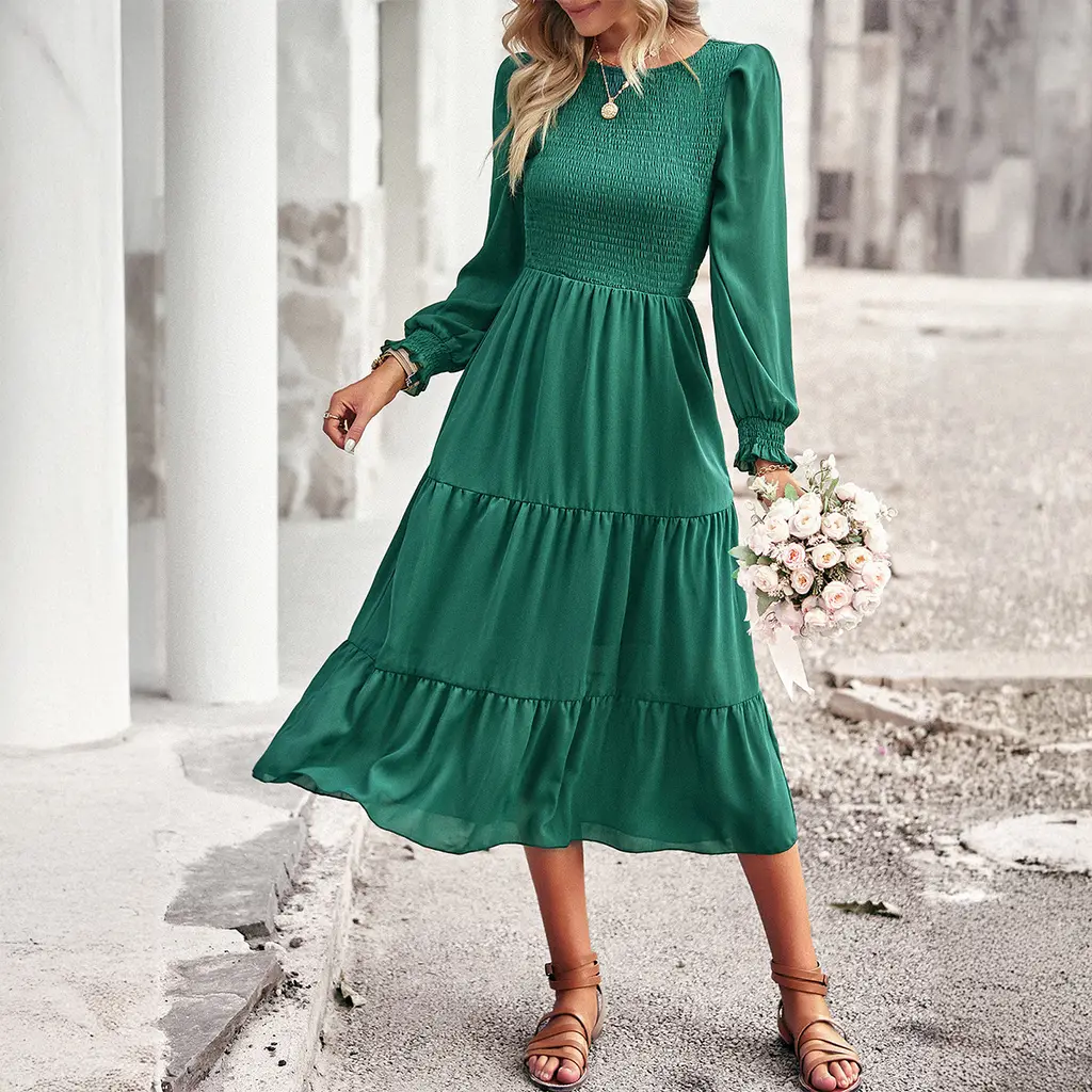 Casual Vacation Long Sleeve Waist Dress Women's Clothing - Green