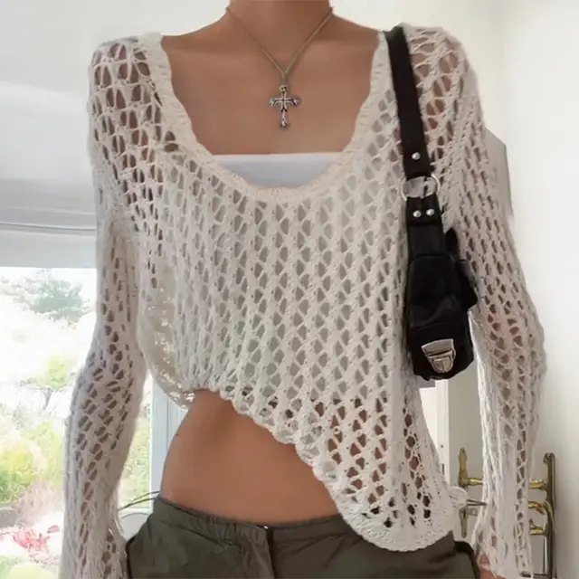 Style Long Sleeve Hollow T shirt Woolen Women's Clothing Beige - Shop at LoveMi