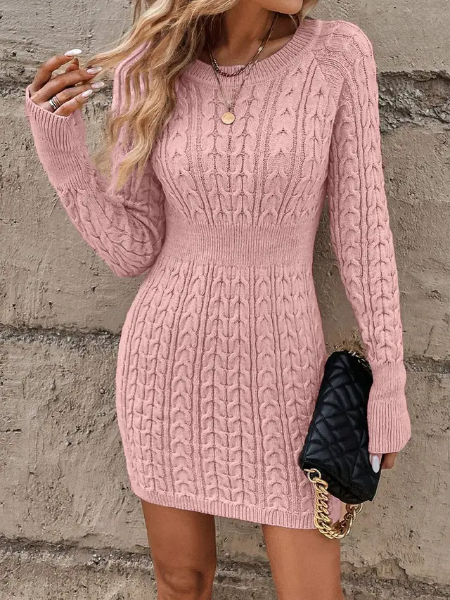 Women's Round Neck Solid Color Slim fit Hip Skirt Pink - Shop at LoveMi