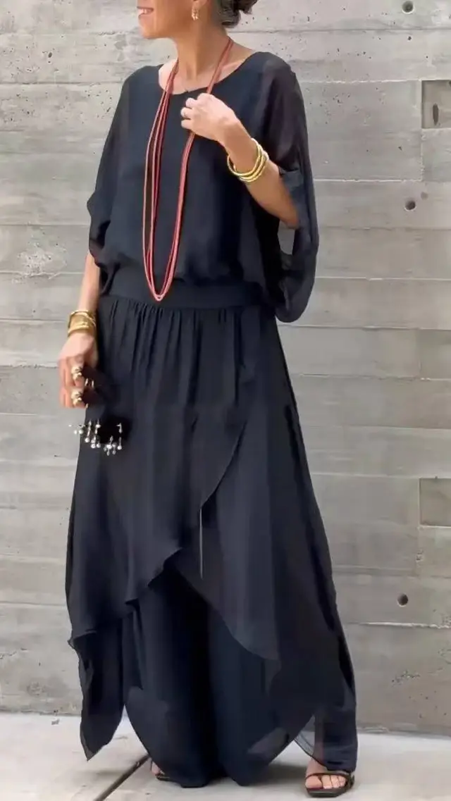 Loose Comfortable Top Split Wide Leg Pants Chiffon Casual Suit Black - Shop at LoveMi