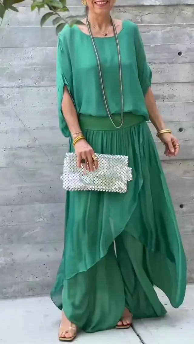 Loose Comfortable Top Split Wide Leg Pants Chiffon Casual Suit Emerald - Shop at LoveMi