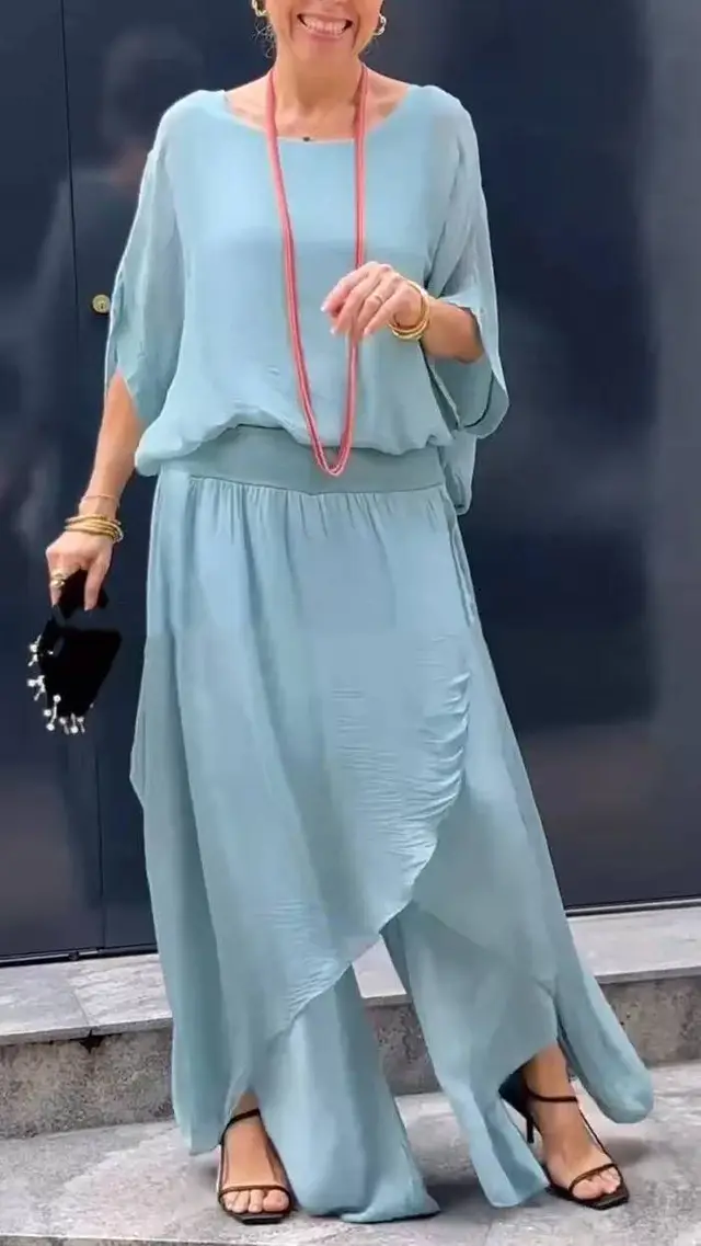 Loose Comfortable Top Split Wide Leg Pants Chiffon Casual Suit Mint Green - Shop at LoveMi