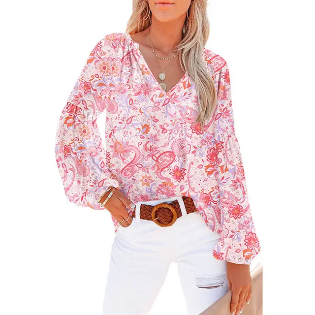 Women's Floral Chiffon Shirt Loose V neck Casual Top Lc2519034 P10 - Shop at LoveMi