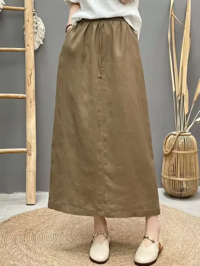 Lace up Linen Back Slit High Waist Skirt Khaki - Shop at LoveMi