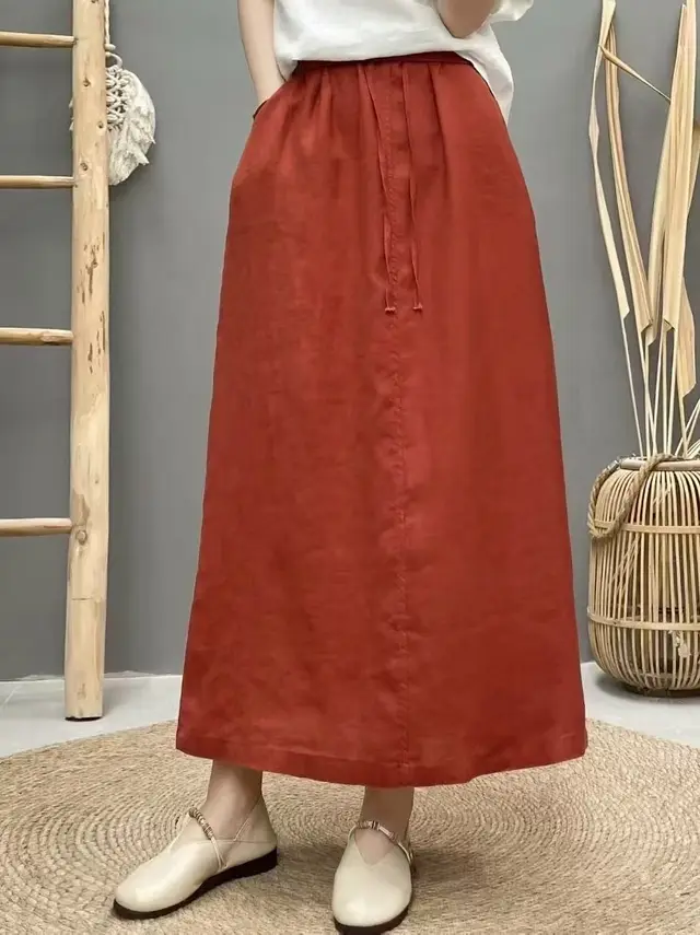 Lace up Linen Back Slit High Waist Skirt Red - Shop at LoveMi